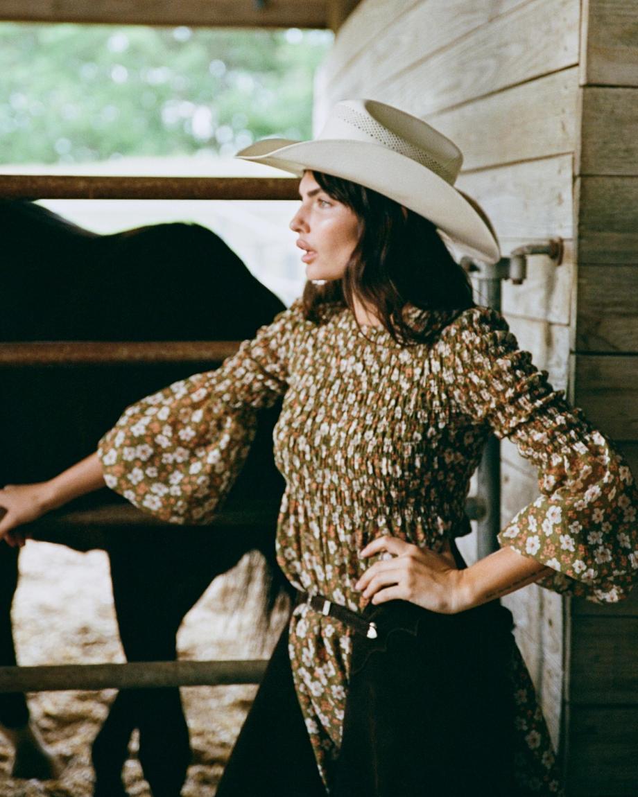 Front view of The Emma Dress by Kristopher Brock - Olive/Beige Floral Cotton Blend on plain background