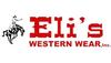Logo for Eli's Western Wear, Inc., with red text and an illustration of a cowboy on a bucking horse.