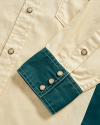 Closeup detail view of Men's Thorn Stopper Pearl Snap - Whisper White / Green Heron