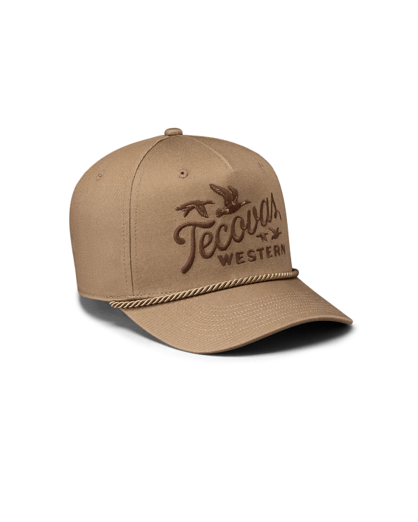 Quarterfront view of Tecovas Western Hat - Moss Brown on plain background