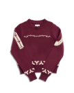 Front view of Women's Crew Neck Lucky Boots Sweater - Burgundy on plain background