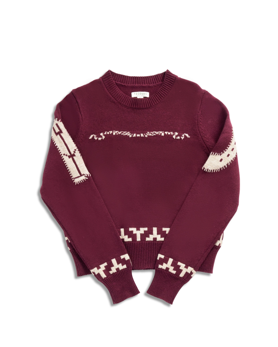 Front view of Women's Crew Neck Lucky Boots Sweater - Burgundy on plain background