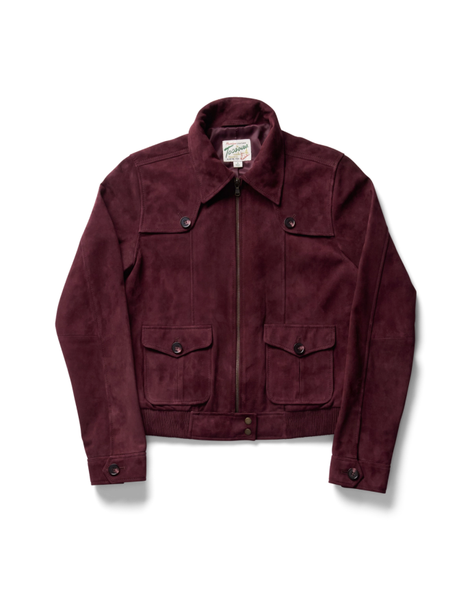 Front view of Women's Goat Suede Brush Jacket - Burgundy on plain background