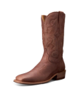 Brown cowboy boot with intricate stitching and a stacked heel, displayed on a black background.