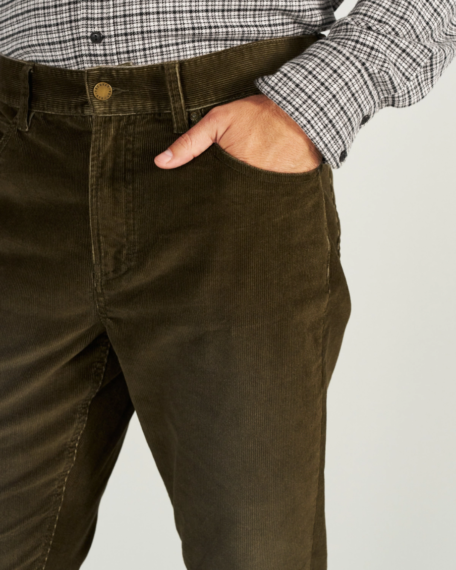Closeup detail view of Men's Slim Straight Stretch Corduroy - Dark Olive