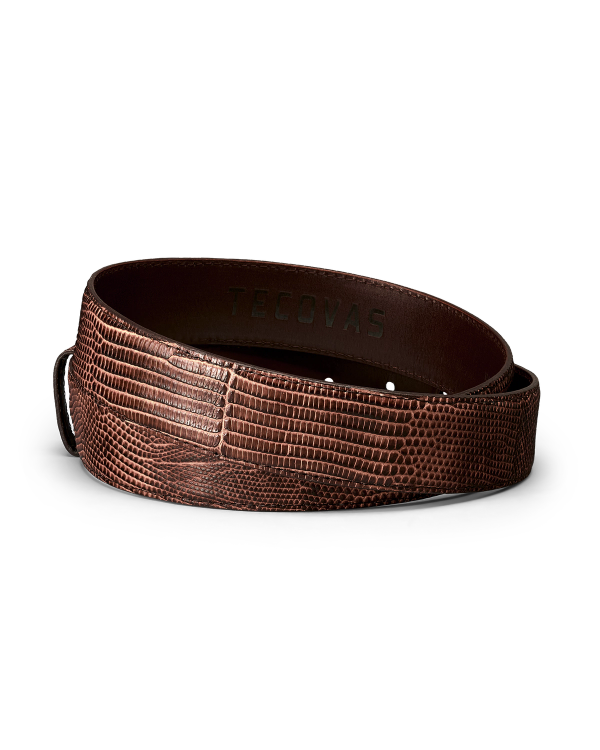 Back view of Men's Lizard Belt - Cask on plain background