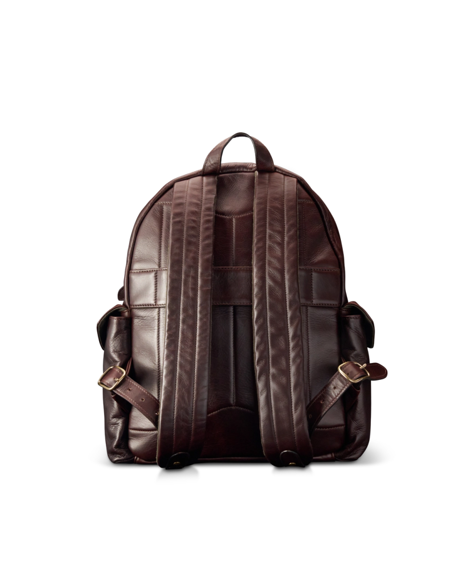 Back view of Men's Leather Backpack - Dark Brown on plain background