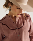 Front view of Women's Mini Seersucker Blouse - Burgundy / Pink on model