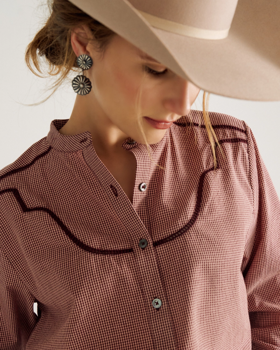 Front view of Women's Mini Seersucker Blouse - Burgundy / Pink on model