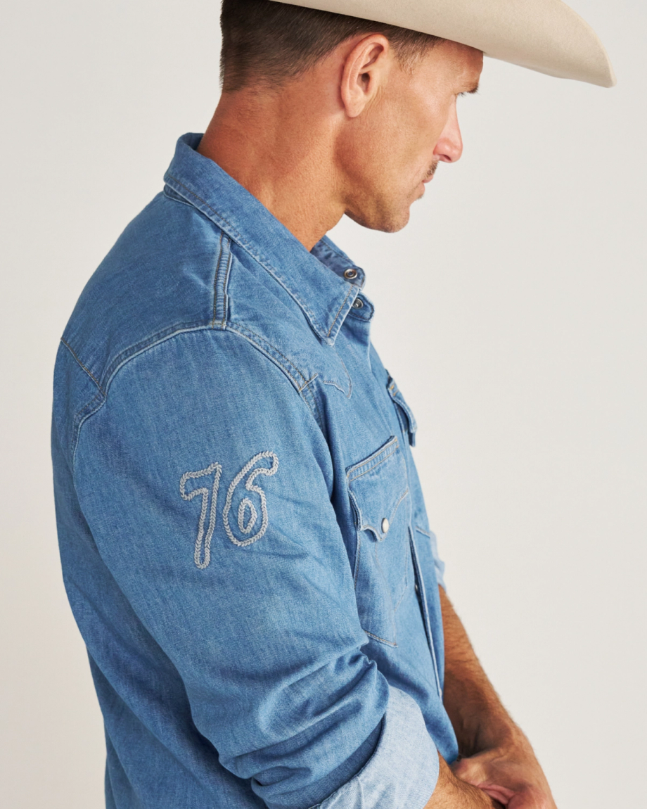 Closeup detail view of Men's Denim Pearl Snap LS - Turquoise / Multi