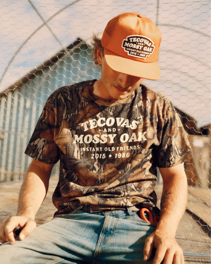 View of Men's Tecovas X Mossy Oak Fall Foliage Tee - Mossy Oak Fall Foliage