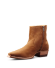 Brown suede ankle boot with a side zipper and stacked heel on a black background.