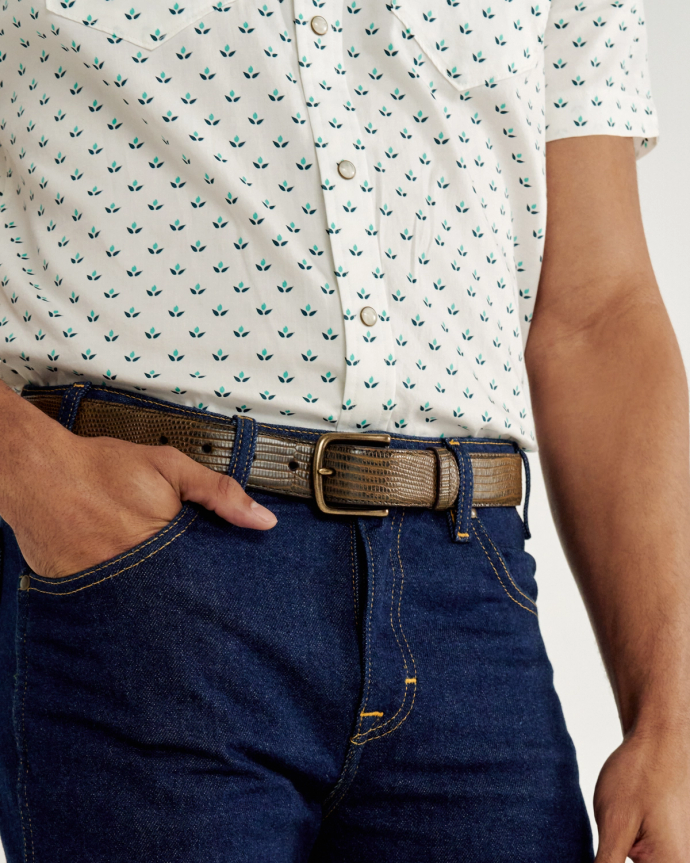 View of Men's Lizard Belt II - Burnt Cedar