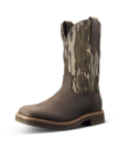 Quarterfront view of Tecovas x Mossy Oak Rugged Square Toe - Umber II Cowhide on plain background