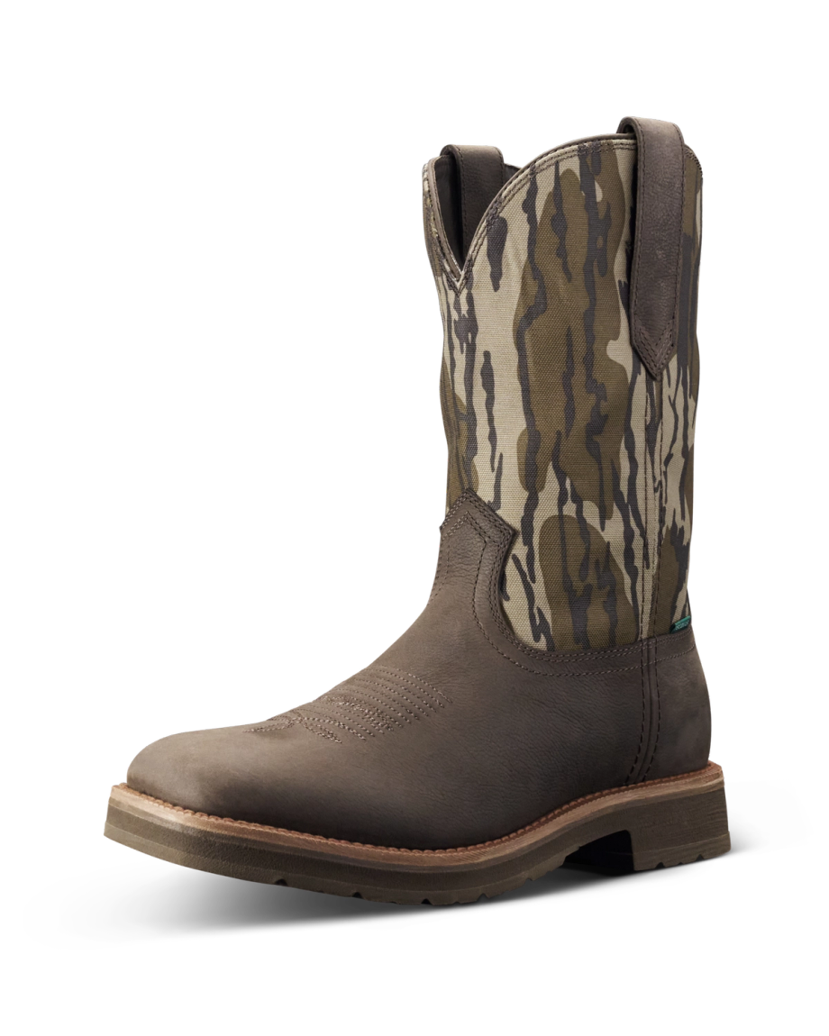 Quarterfront view of Tecovas x Mossy Oak Rugged Square Toe - Umber II Cowhide on plain background