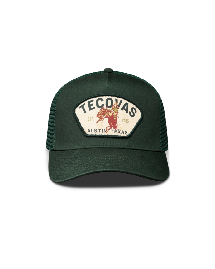Front view of Tecovas Buckin Bronc 5 Panel High Pro Trucker - Forest Green on plain background