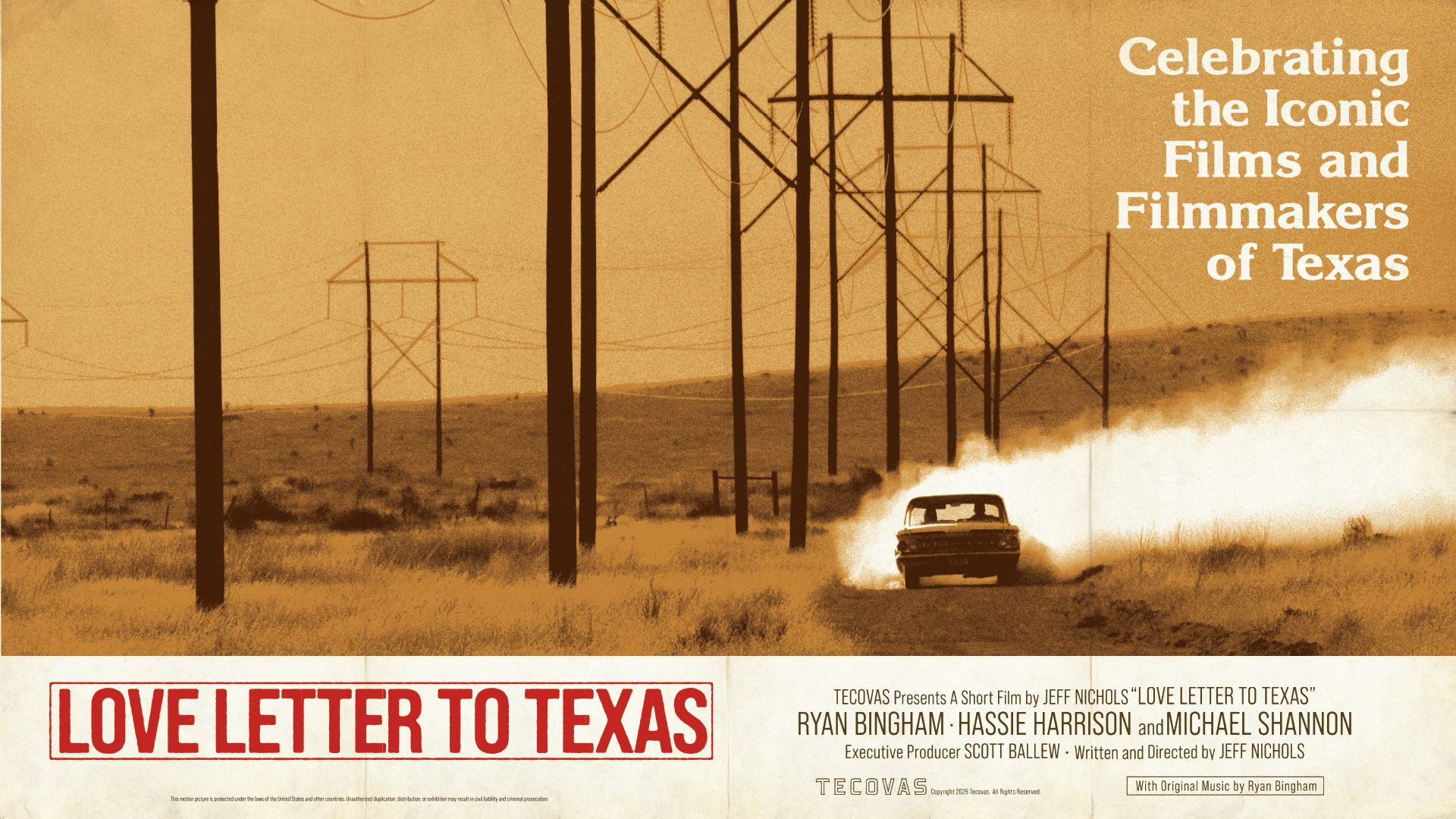 Car driving through the desert under light poles