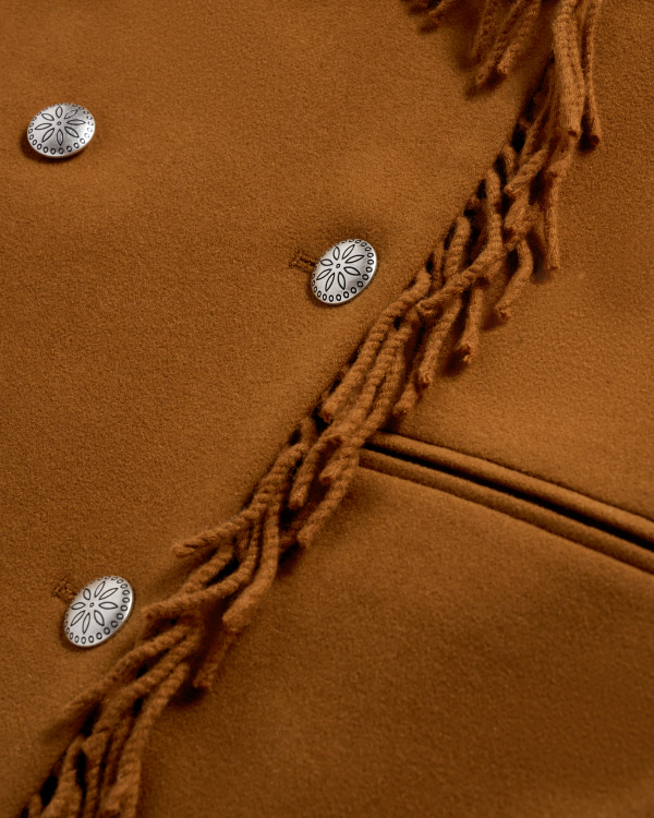 Closeup detail view of Women's Western Fringe Coat - Caramel