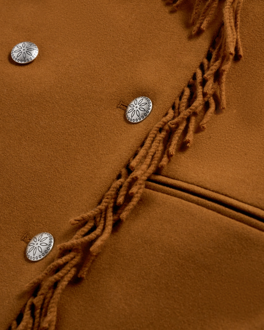 Closeup detail view of Women's Western Fringe Coat - Caramel