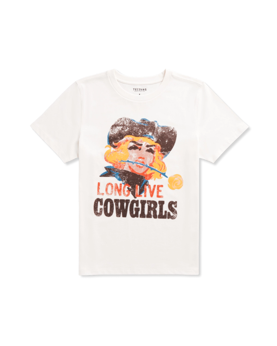 Front view of Women's Long Live Cowgirls Tee - Bone on plain background
