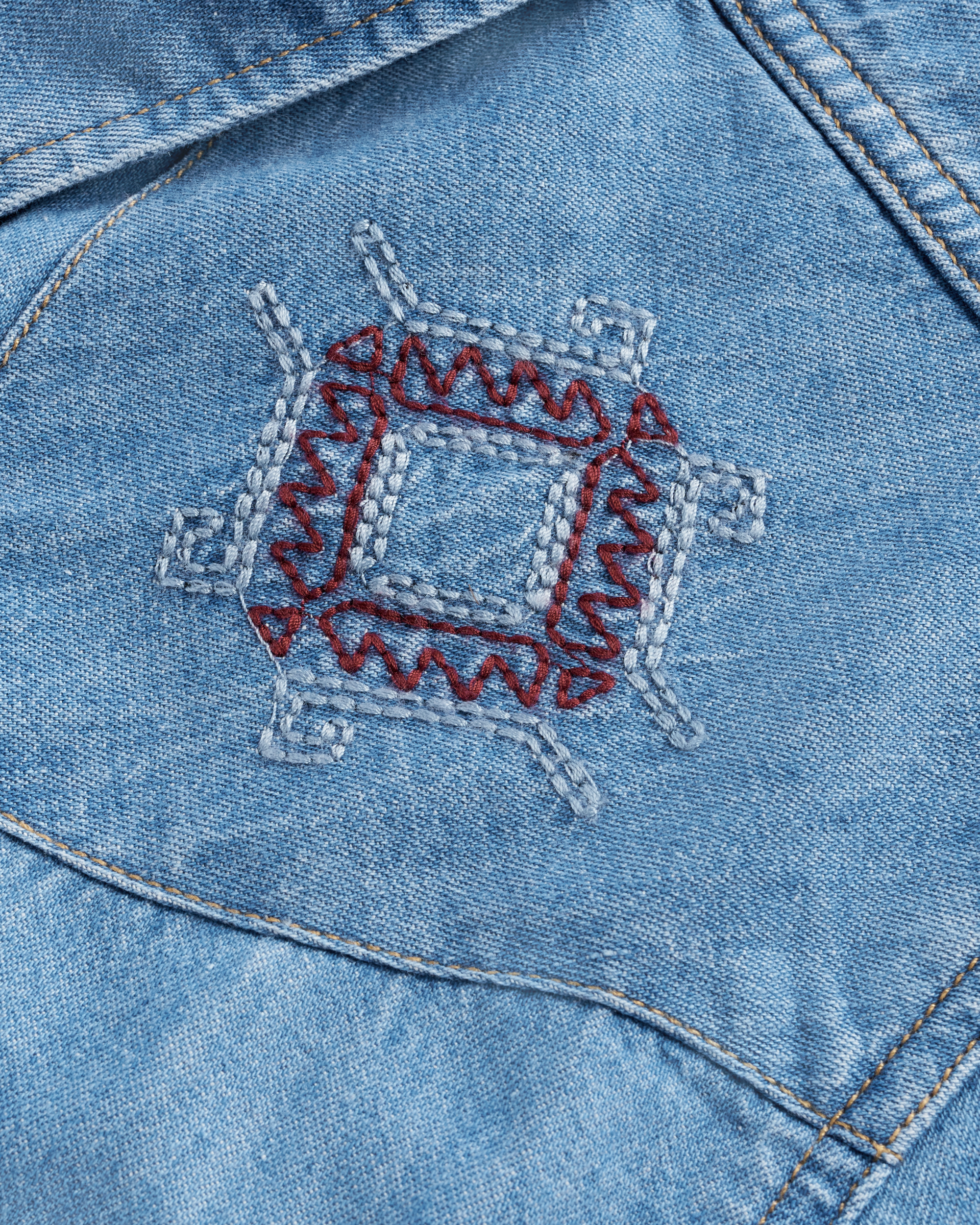 Closeup detail view of Men's Denim Pearl Snap SS - Turquoise / Multi