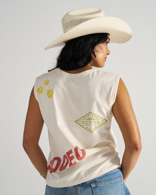 Back view of Women's Muscle Tank - Bone on model