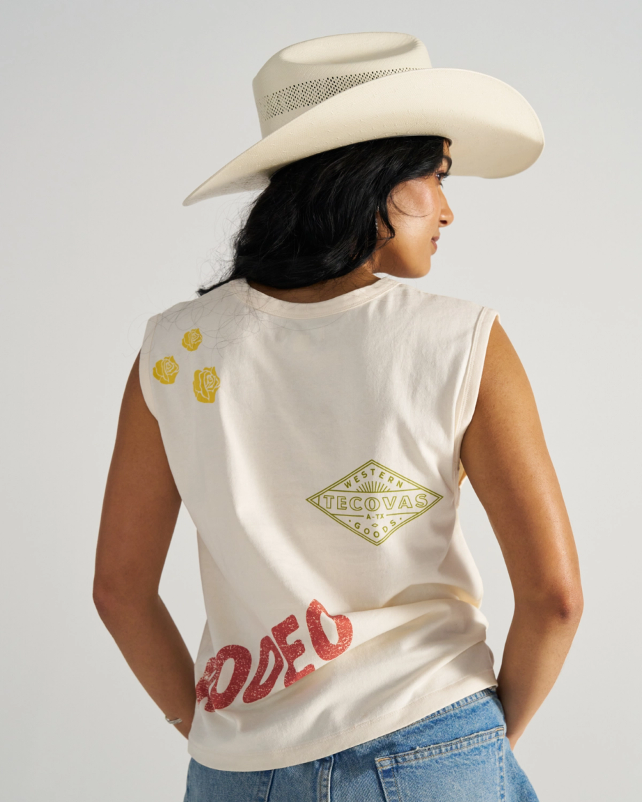 Back view of Women's Muscle Tank - Bone on model