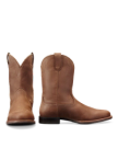 The Glen in Khaki Cowhide. A pair of brown cowhide leather cowboy boots, one facing forward and one showing a side view, both with low heels and pull tabs.