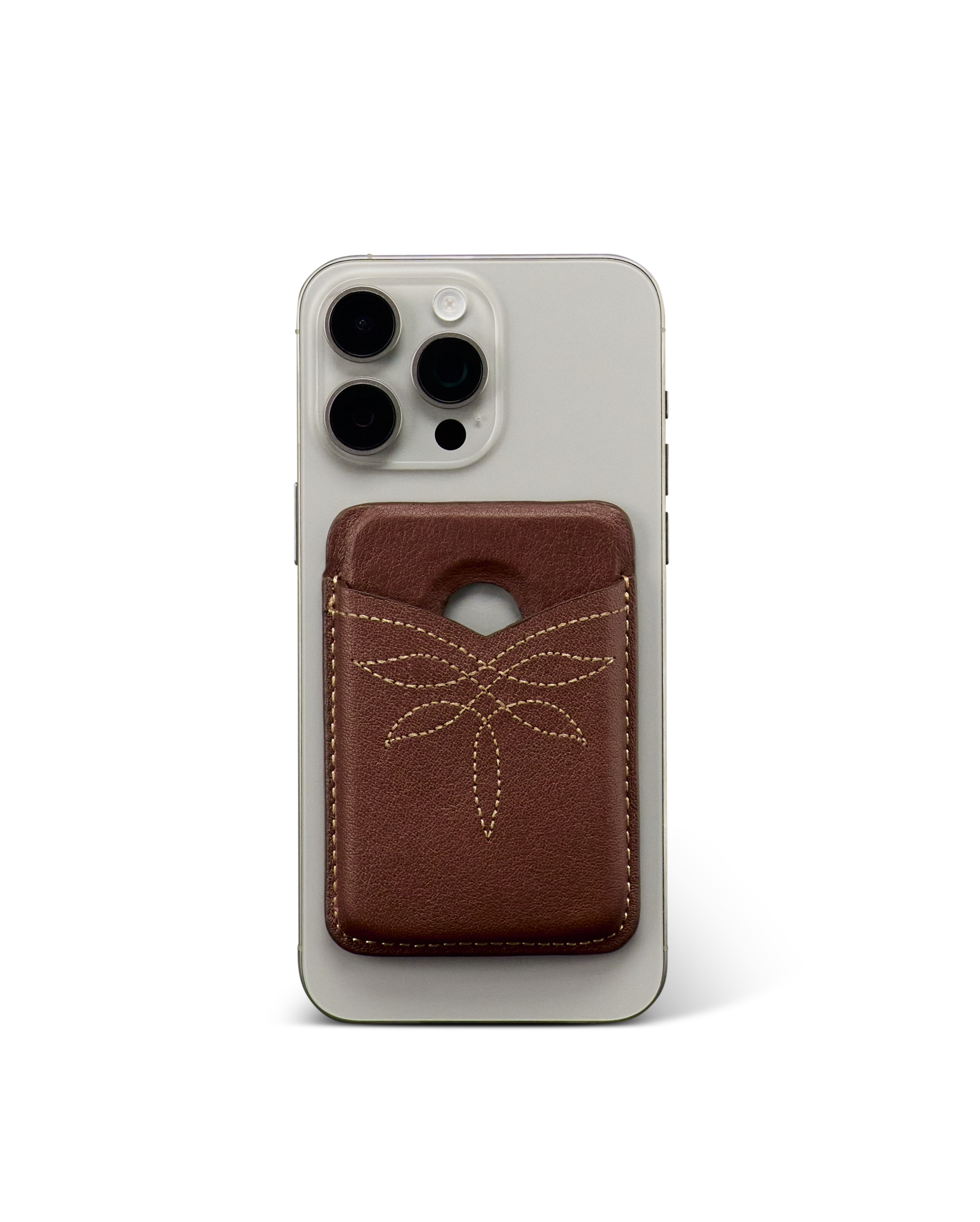 Closeup view of Cowhide MagSafe Card Holder - Brown