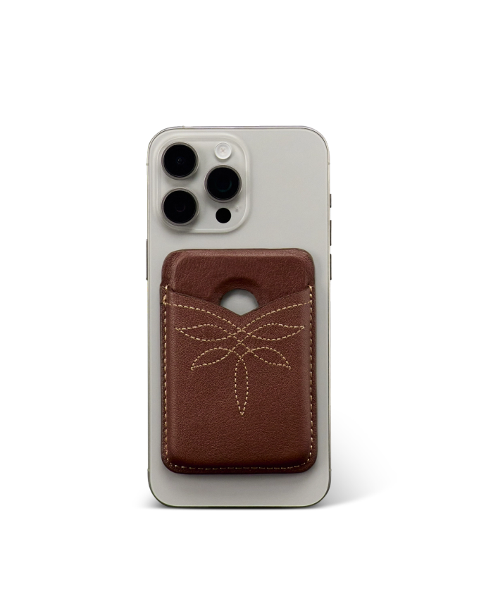 Closeup view of Cowhide MagSafe Card Holder - Brown