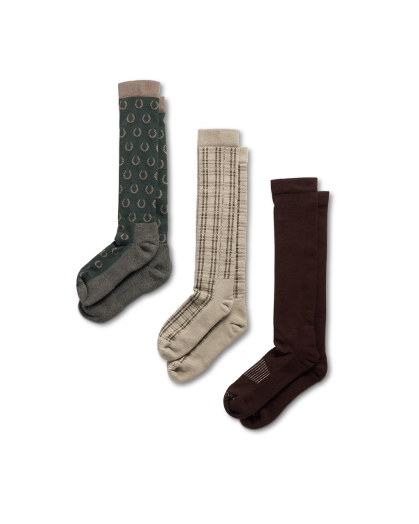 Quarterfront view of Over the Calf Plaid & Horseshoe Socks (3-Pack) - Green / Khaki / Dark Brown on plain background