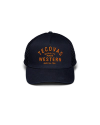 Front view of Quality Made Trucker Hat - Black/Orange on plain background