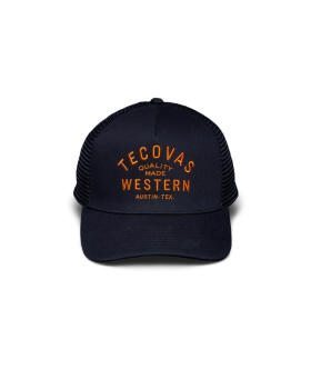 Front view of Quality Made Trucker Hat - Black/Orange on plain background