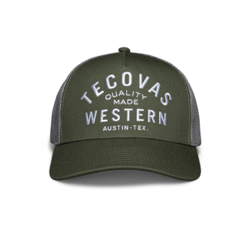 Front view of Quality Made Western Five-Panel Trucker Hat - Olive on plain background