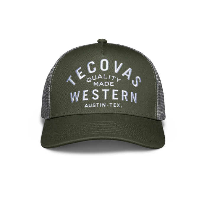 Front view of Quality Made Western Five-Panel Trucker Hat - Olive on plain background