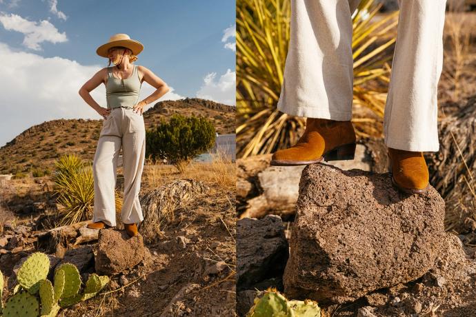 split image of woman in the desert on the left and close up of her boots with her standing on a rock