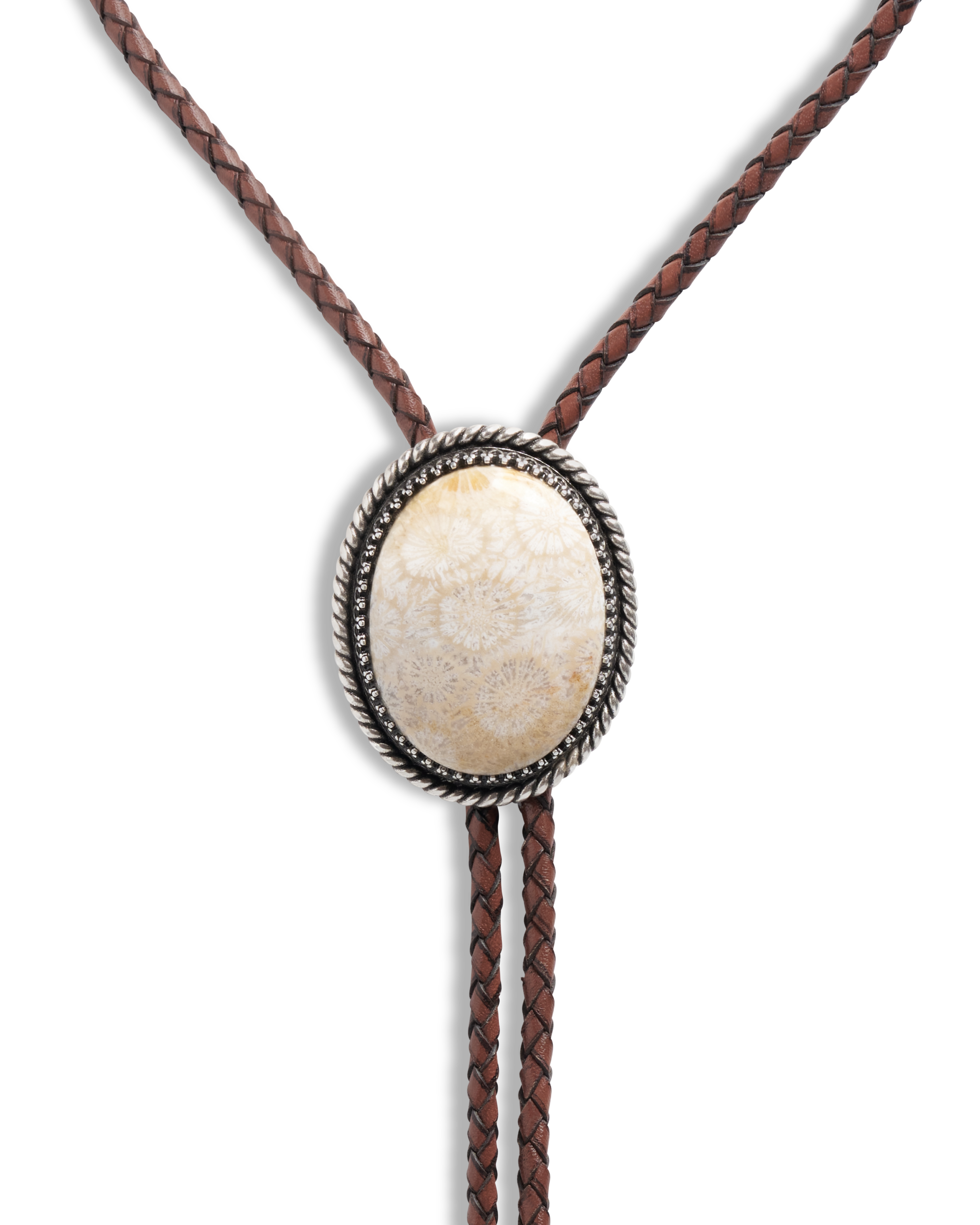 Closeup detail view of Iron Lamb Fossilized Coral Bolo - Cream / Black