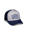 Quarterfront view of Ropin' Rodeo 5-Panel Low Pro Trucker - Navy/White on plain background