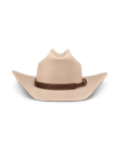 A beige cowboy hat with a wide, upturned brim and a brown tooled leather band, displayed on a plain white background.