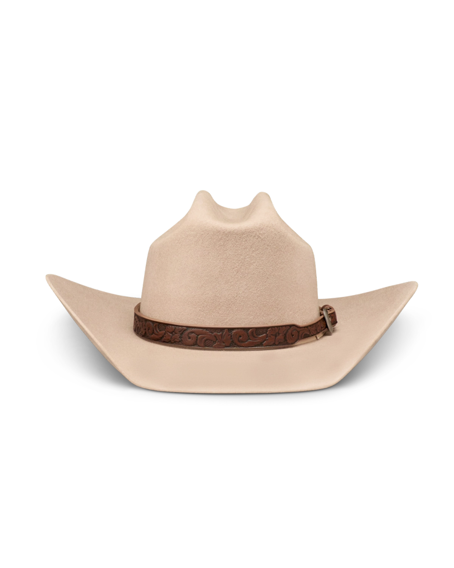 A beige cowboy hat with a wide, upturned brim and a brown tooled leather band, displayed on a plain white background.