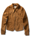 Brown suede jacket with fringe details on the sleeve cuffs and a zippered front closure.