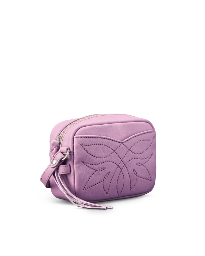 Quarterfront view of Flower Mini Crossbody - Orchid on plain background