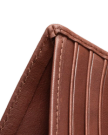 Close-up of a brown leather wallet with visible stitching and multiple card slots.
