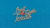 Text reading "Band Together Texas" written in rope-style lettering with a red state of Texas shape in the center, on a blue textured background.