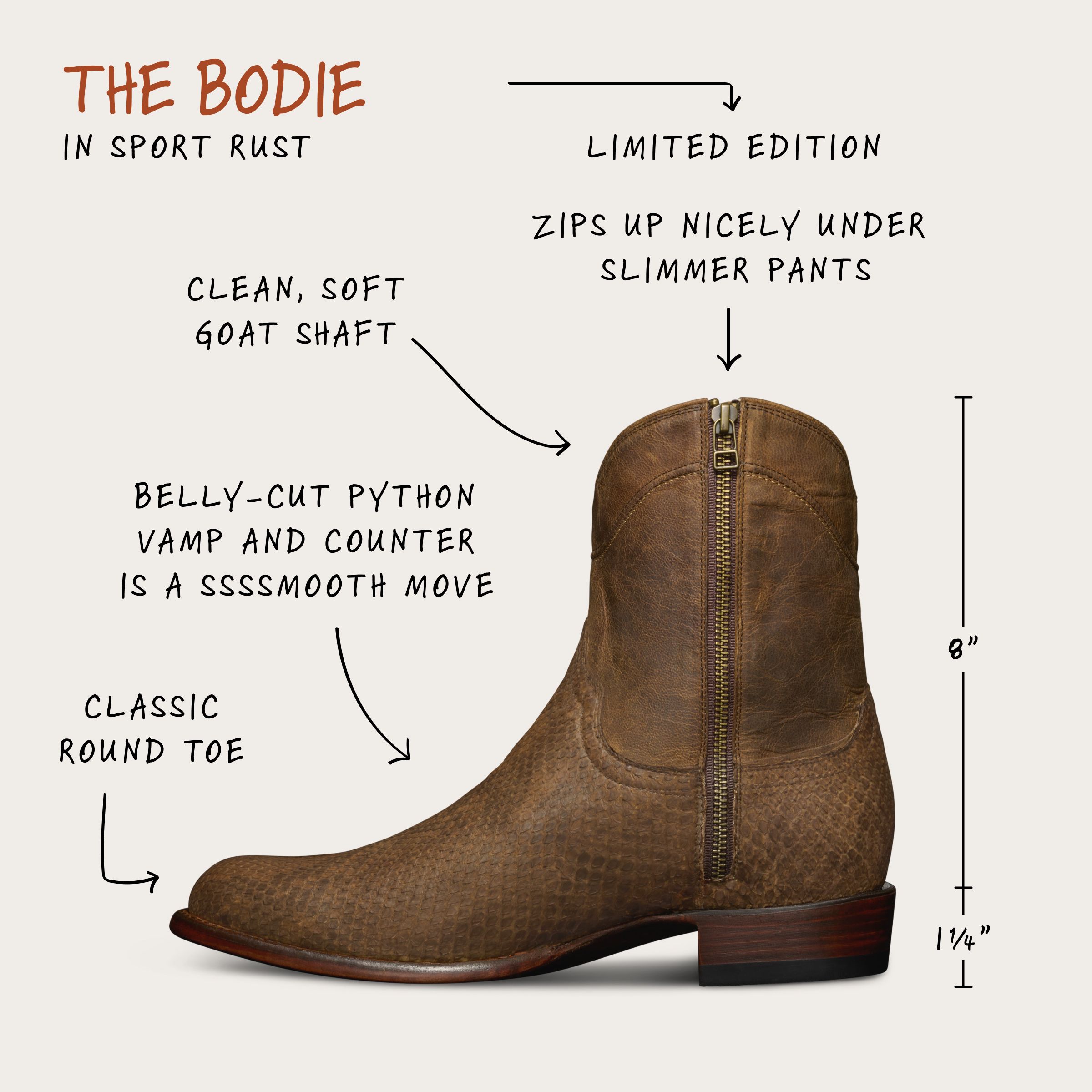 Zip Python Boots | The Bodie - Sport Rust | Tecovas