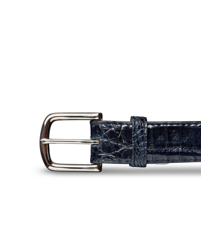 A blue textured belt with a silver metal buckle on a black background.