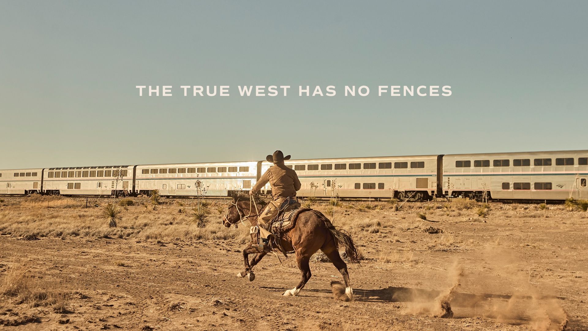 Cowboy on a brown horse racing alongside a train