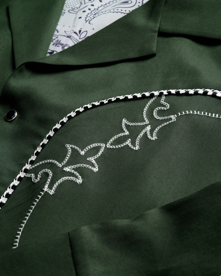 Closeup detail view of Men's Tecovas X H Bar C Birthday X Bolero Jacket - Green
