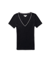 Black short-sleeve V-neck ribbed top with white trim along the neckline, displayed on a plain background.