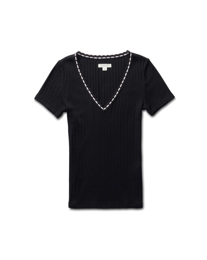 Black short-sleeve V-neck ribbed top with white trim along the neckline, displayed on a plain background.